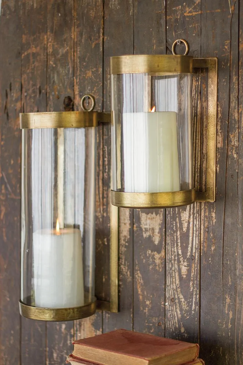 Glass and Antique Brass Finish Wall Mounted Hurricane \ Large
